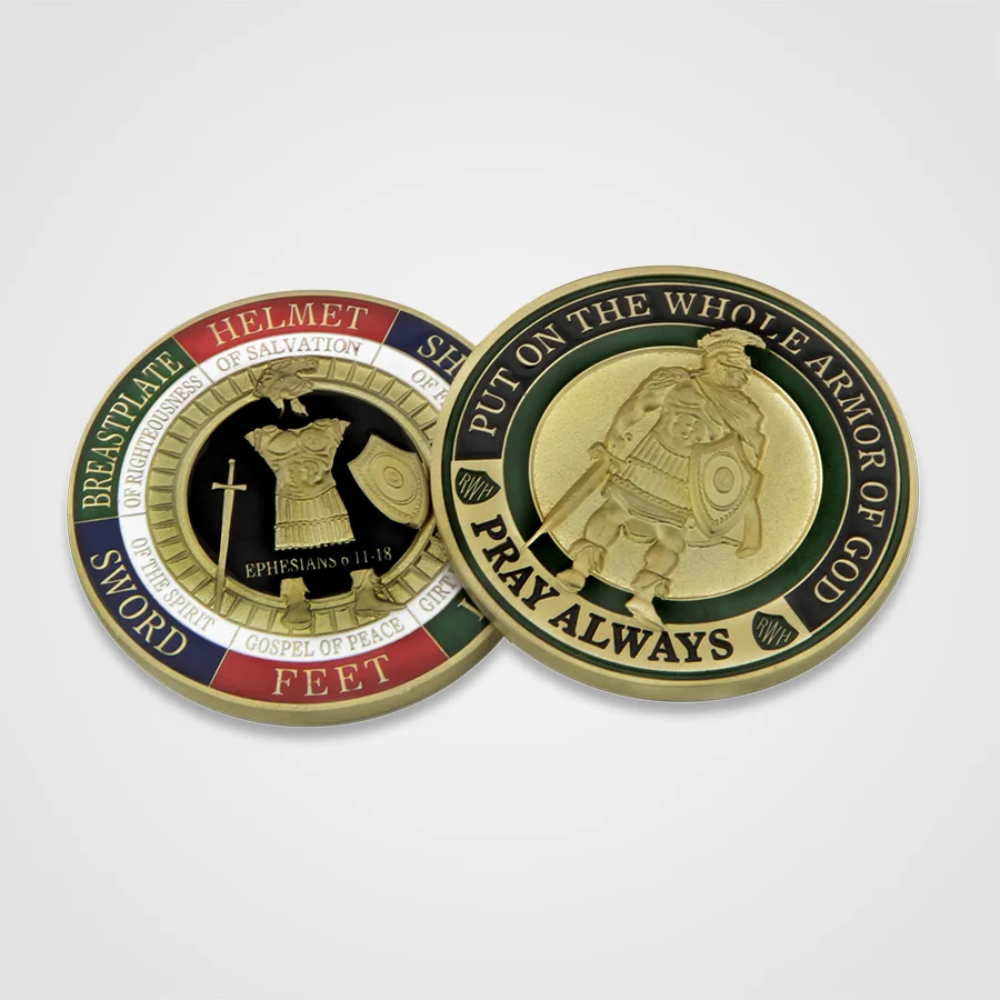 1.75-Inch Armor of God Challenge Coin in Brass, Antique Gold