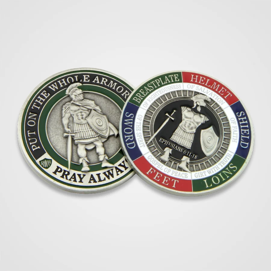 1.75-Inch Armor of God Challenge Coin in Brass, Silver Antique