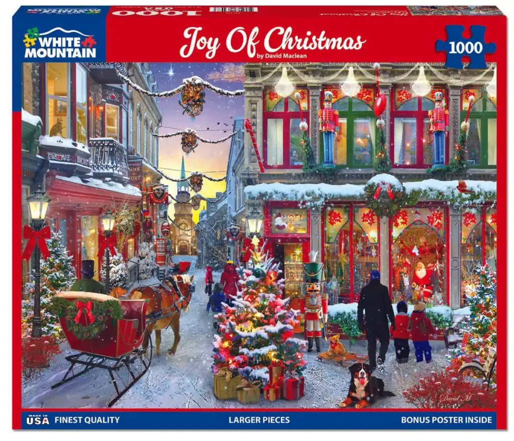 1000-Piece Christmas Jigsaw Puzzle Featuring a Snowy Small-Town Main Street and Horse-Drawn Carriage Scene