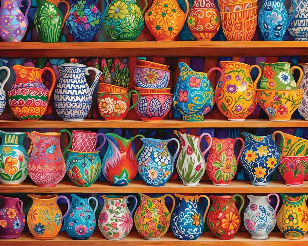 1000-Piece Jigsaw Puzzle Featuring Colorful Ceramic Pitchers in a Playful Collage Design, 24 x 30 Inch Finished Size