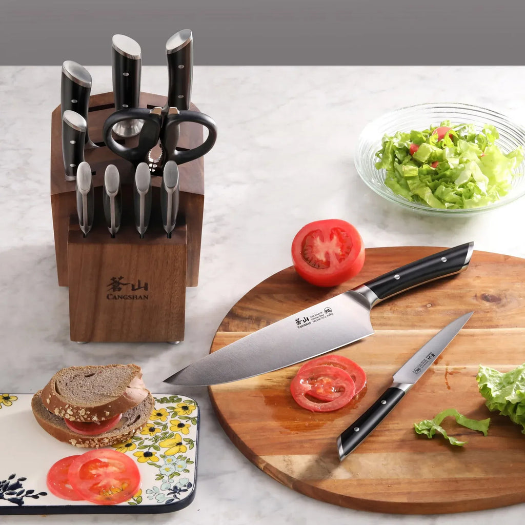 12-Piece Knife Block Set in Forged German Steel with Solid Acacia Storage and Ergonomic Handles