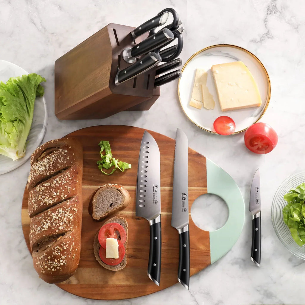 12-Piece Knife Block Set in Forged German Steel with Solid Acacia Storage and Ergonomic Handles