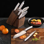 12-Piece Knife Block Set in Forged German Steel with Solid Acacia Storage and Ergonomic Handles