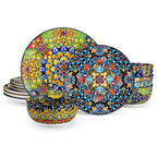 12-Piece Porcelain Dinnerware Set with Boho Chic Double-Sided Patterns for Everyday Dining and Easy Stacking