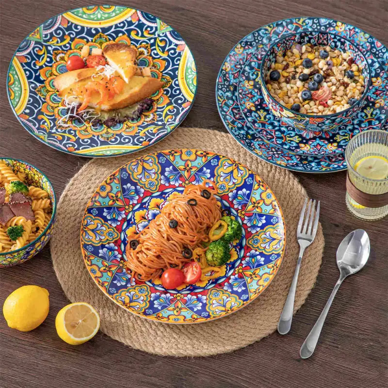 12-Piece Porcelain Dinnerware Set with Boho Chic Double-Sided Patterns for Everyday Dining and Easy Stacking