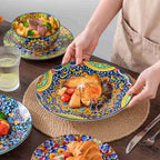 12-Piece Porcelain Dinnerware Set with Boho Chic Double-Sided Patterns for Everyday Dining and Easy Stacking