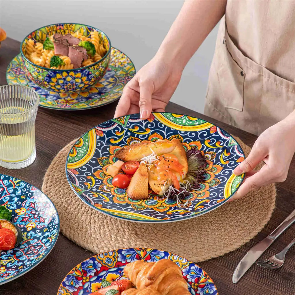 12-Piece Porcelain Dinnerware Set with Boho Chic Double-Sided Patterns for Everyday Dining and Easy Stacking