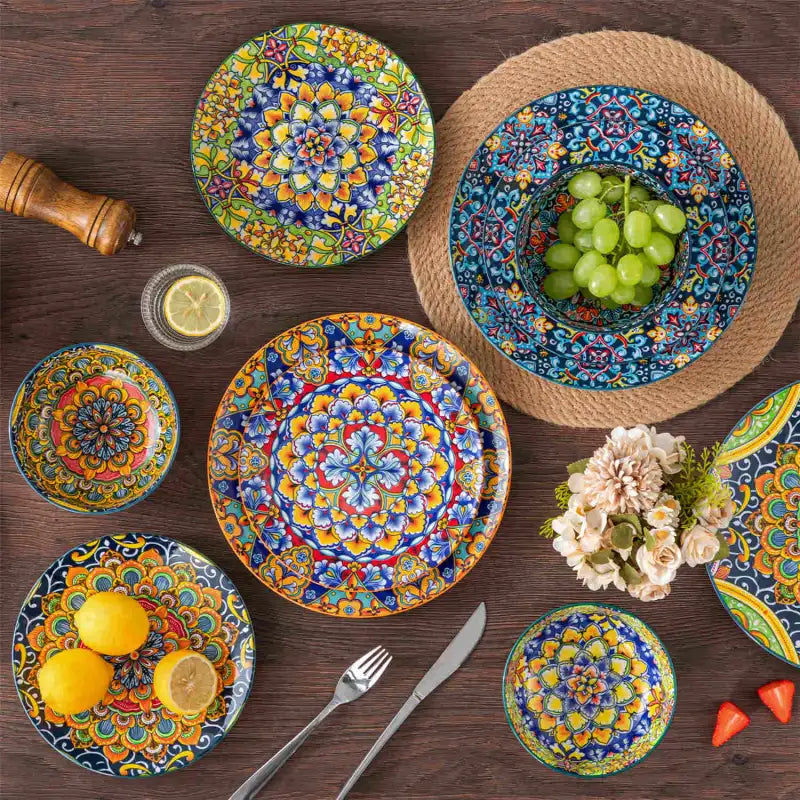 12-Piece Porcelain Dinnerware Set with Boho Chic Double-Sided Patterns for Everyday Dining and Easy Stacking