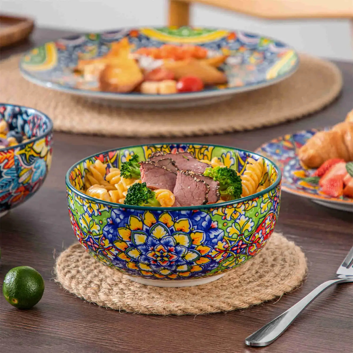 12-Piece Porcelain Dinnerware Set with Boho Chic Double-Sided Patterns for Everyday Dining and Easy Stacking