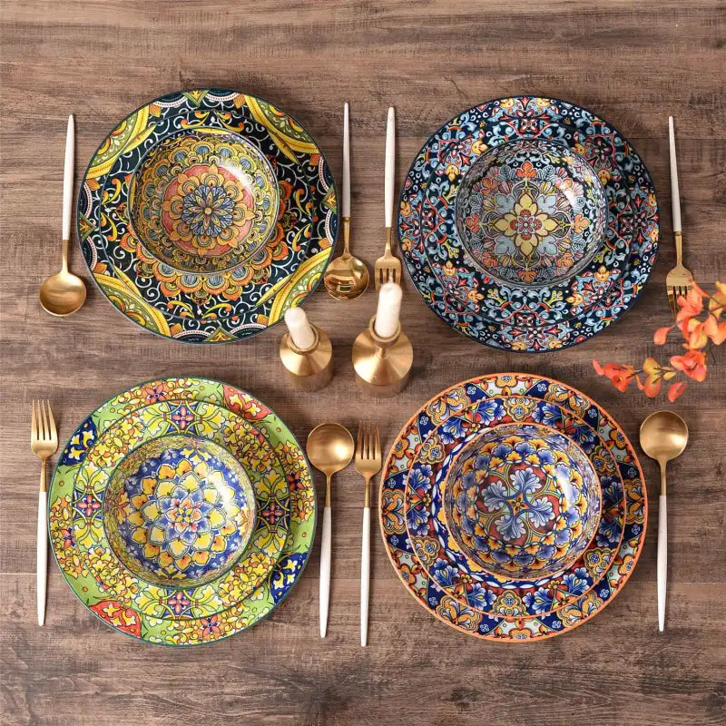 12-Piece Porcelain Dinnerware Set with Boho Chic Double-Sided Patterns for Everyday Dining and Easy Stacking