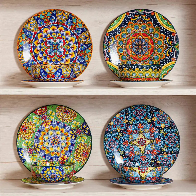 12-Piece Porcelain Dinnerware Set with Boho Chic Double-Sided Patterns for Everyday Dining and Easy Stacking