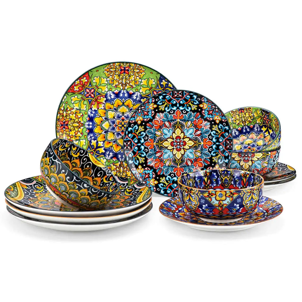 12-Piece Porcelain Dinnerware Set with Boho Chic Double-Sided Patterns for Everyday Dining and Easy Stacking