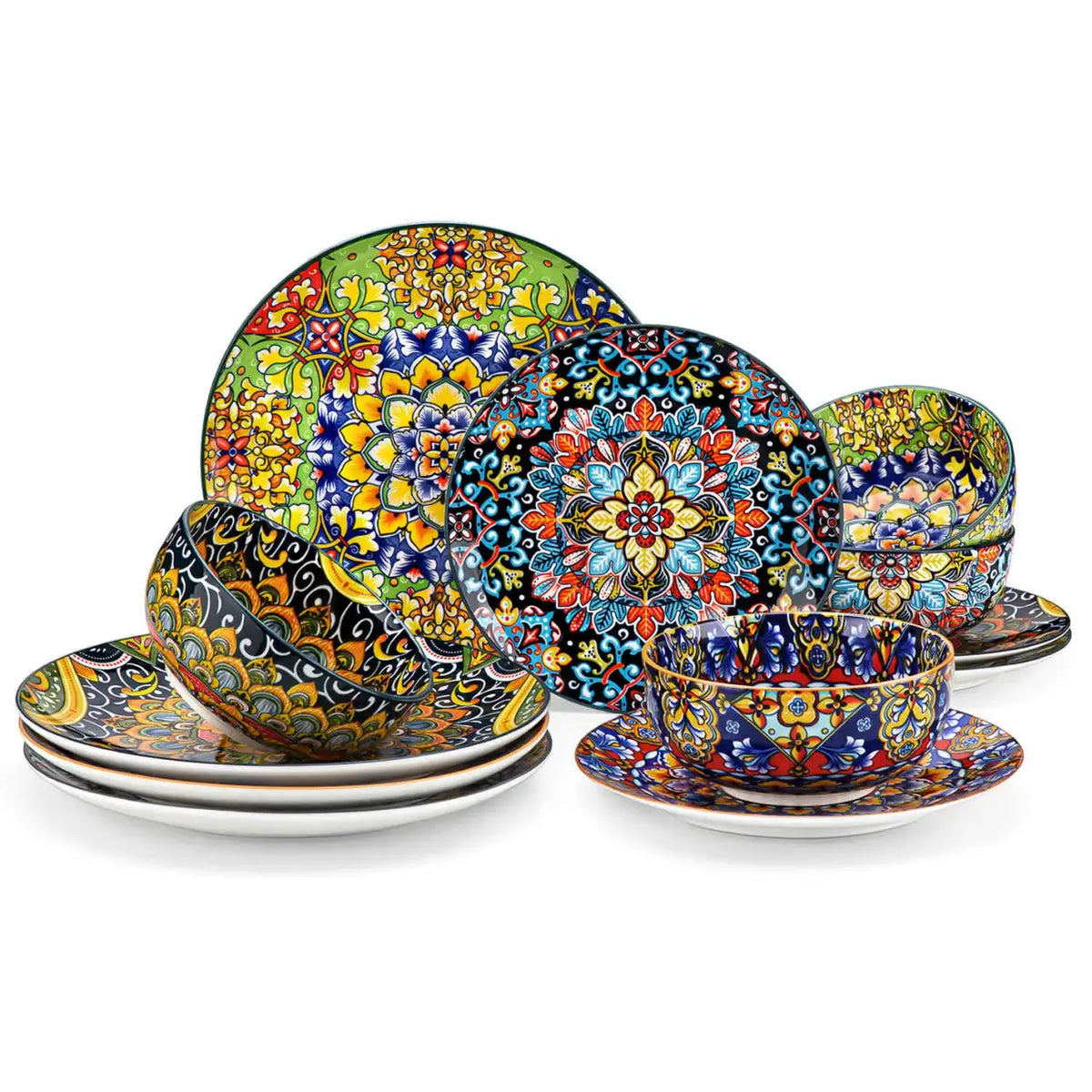 12-Piece Porcelain Dinnerware Set with Boho Chic Double-Sided Patterns for Everyday Dining and Easy Stacking