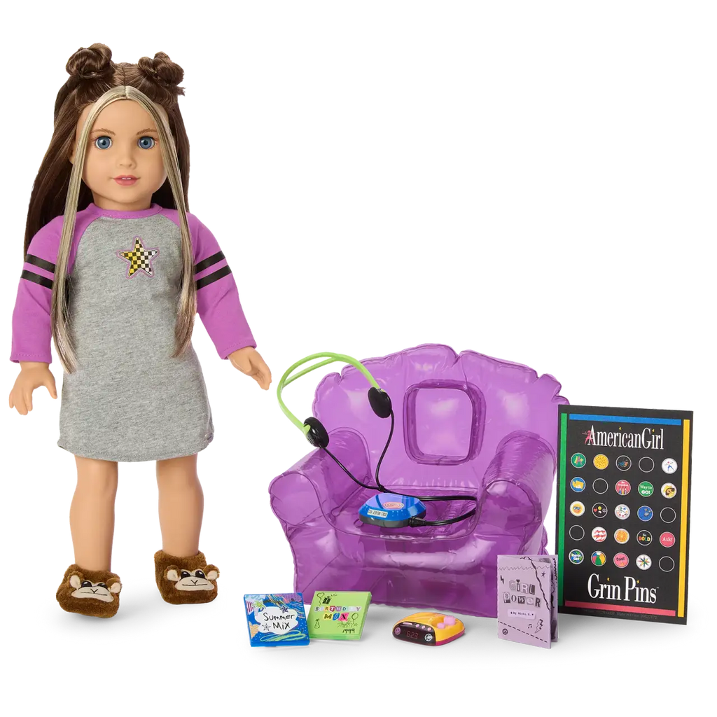 18-Inch Doll Bedroom Accessories Set with Purple Chair, Pretend CD Player, Alarm Clock Radio and Grin Pin Banner
