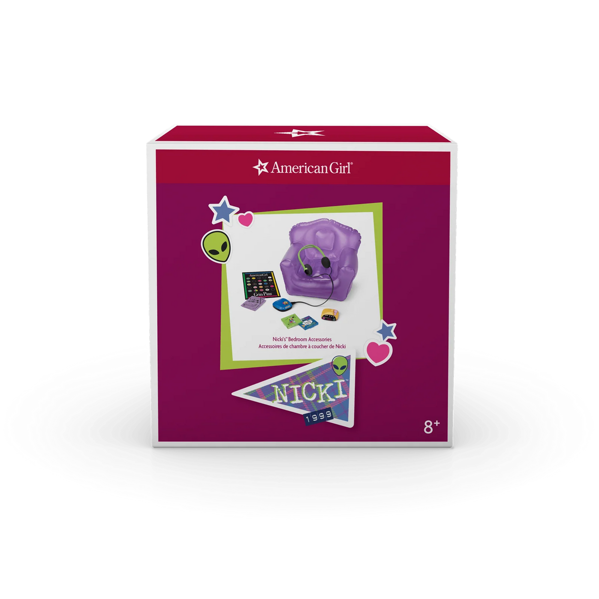 18-Inch Doll Bedroom Accessories Set with Purple Chair, Pretend CD Player, Alarm Clock Radio and Grin Pin Banner