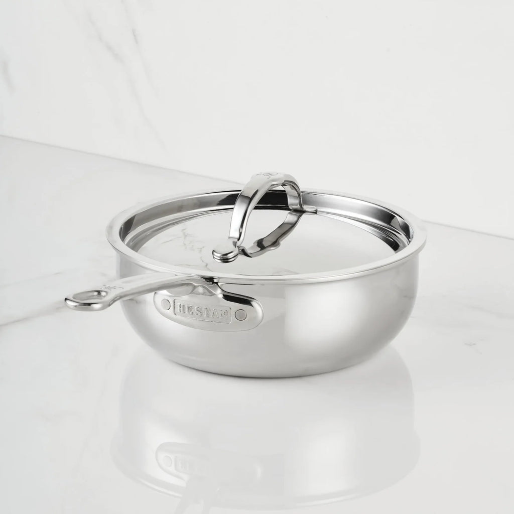 2-Quart Polished Stainless Steel Saucier Pan with Tri-Ply Construction and Induction-Ready Performance