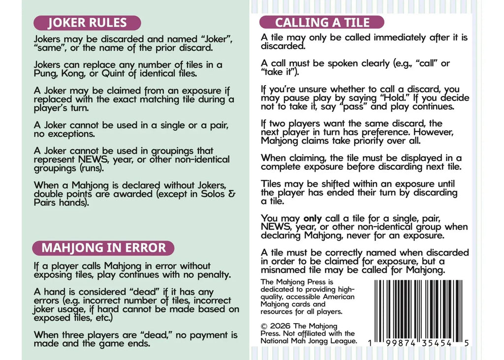 2026 American Mahjong Card with Waterproof Tri-Fold Design, Complete Hands, Scoring and Quick Reference Guide