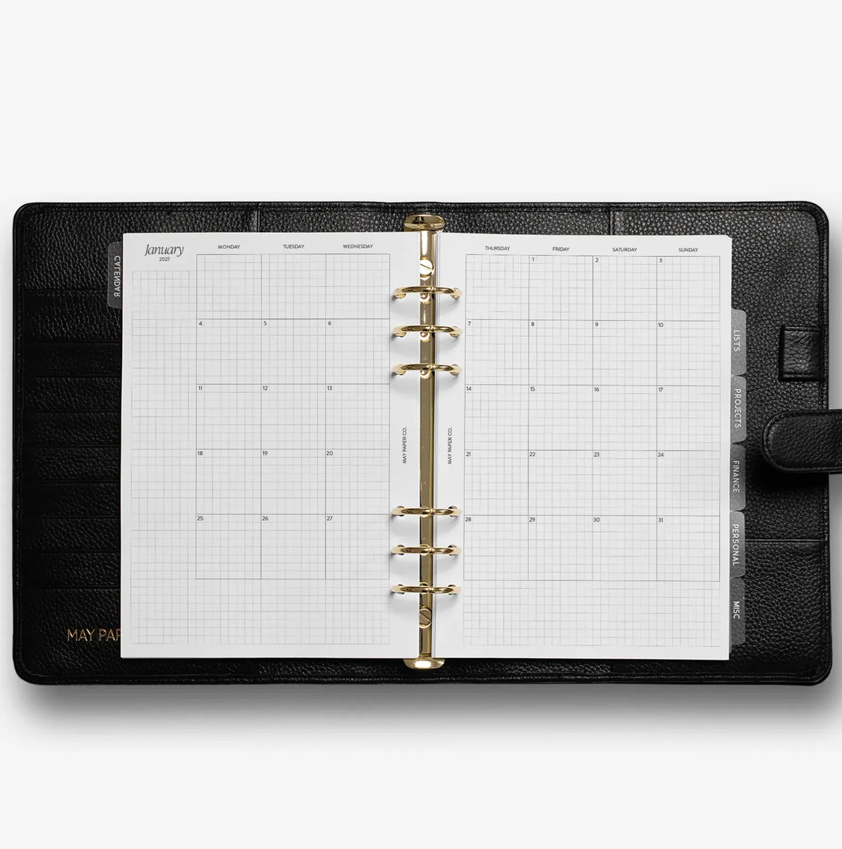 2027 Monthly Planner Inserts with Subtle Day-Cell Grids and a Monday-Start Month-on-Two-Pages Layout