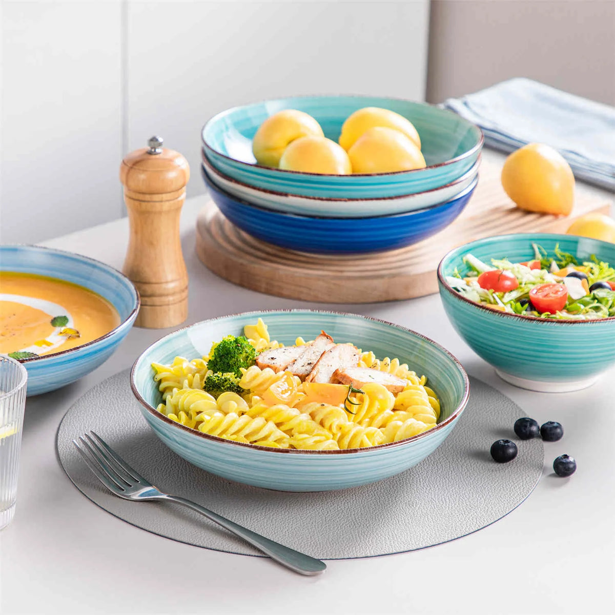 24 Piece Stoneware Dinnerware Set for Four with Spiral Pattern Plates and Tapered Cereal Bowls