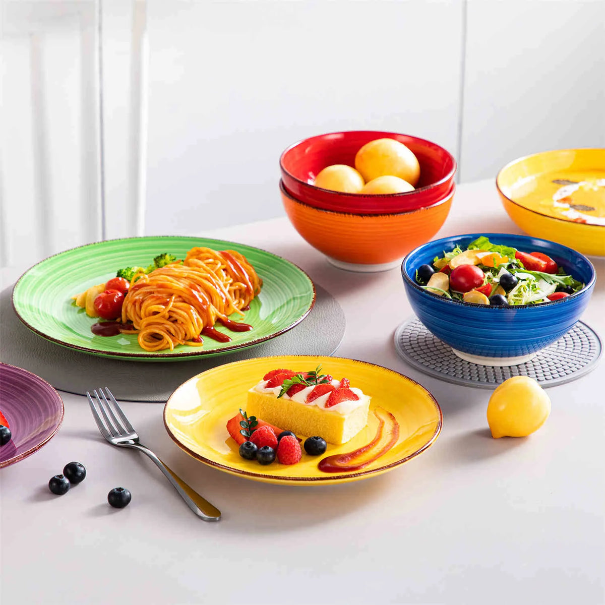 24 Piece Stoneware Dinnerware Set for Four with Spiral Pattern Plates and Tapered Cereal Bowls