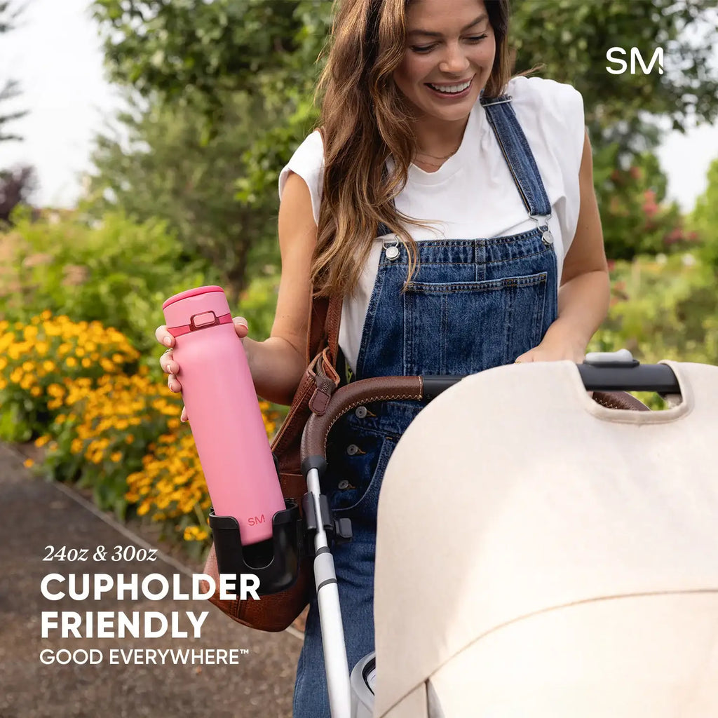 30oz Stainless Steel Water Bottle with Covered Straw, Locking Lid, Loop Handle and Soft Silicone Base