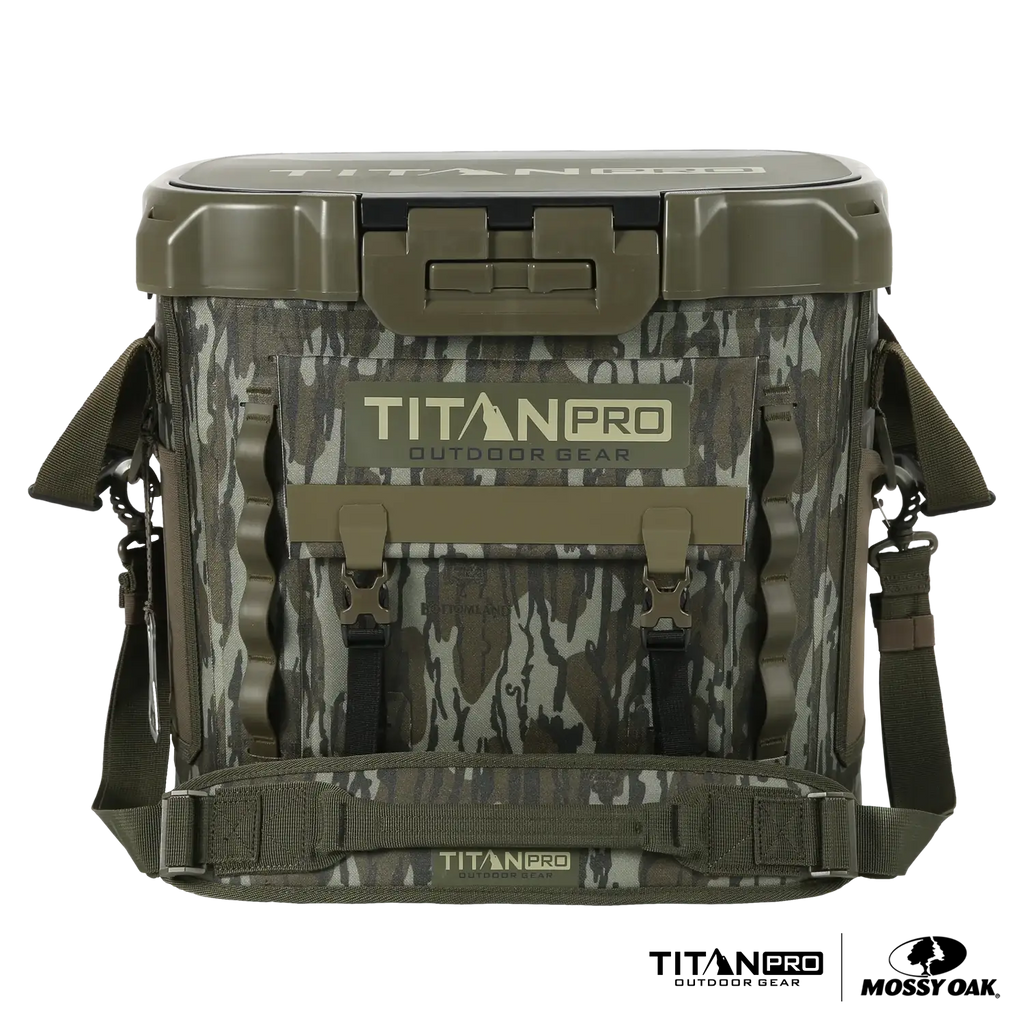 36 Can High Performance Welded Cooler with Leak Proof Seal, SmartShelf, Tie Down Slots and Adjust — Mossy Oak Bottomland Camo
