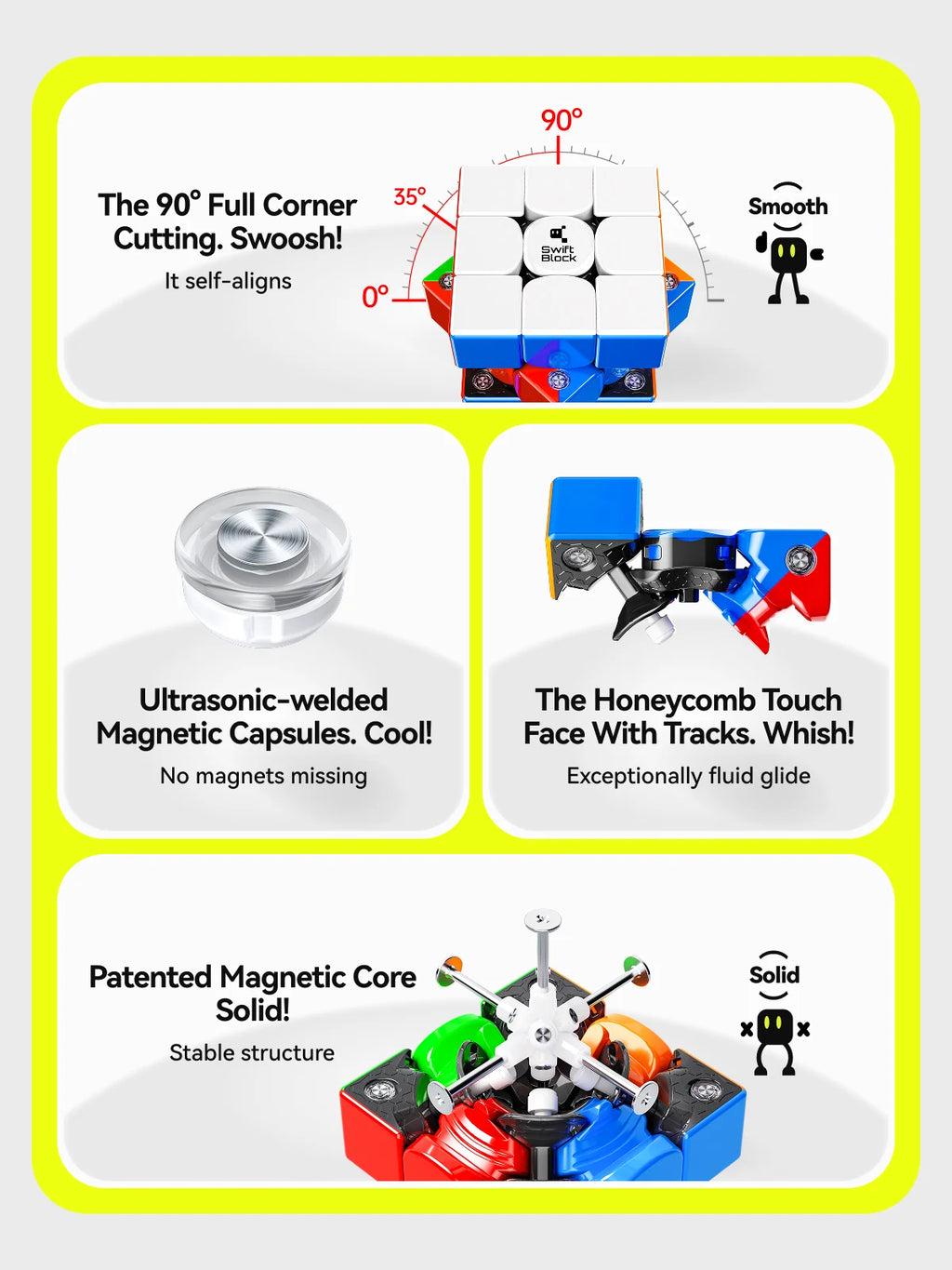 3x3 Magnetic Speed Cube with MagLev Turning and a UV-Coated Stickerless Finish for Solving Practice