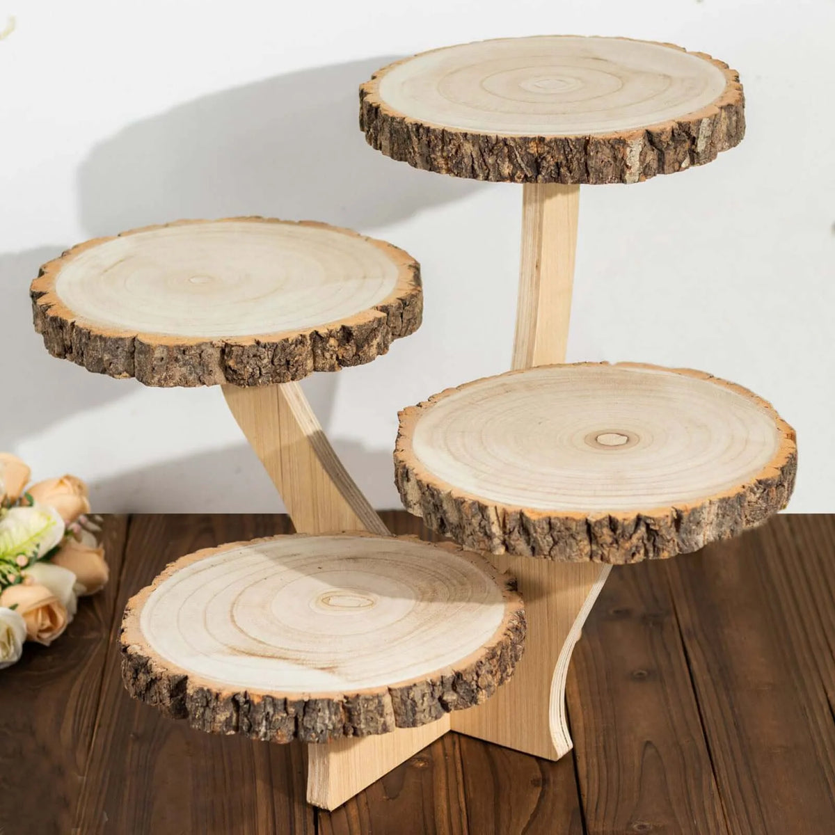 4-Tier Natural Wood Cake Stand for Weddings and Dessert Tables, 15.5-Inch Rustic Round Cupcake Display