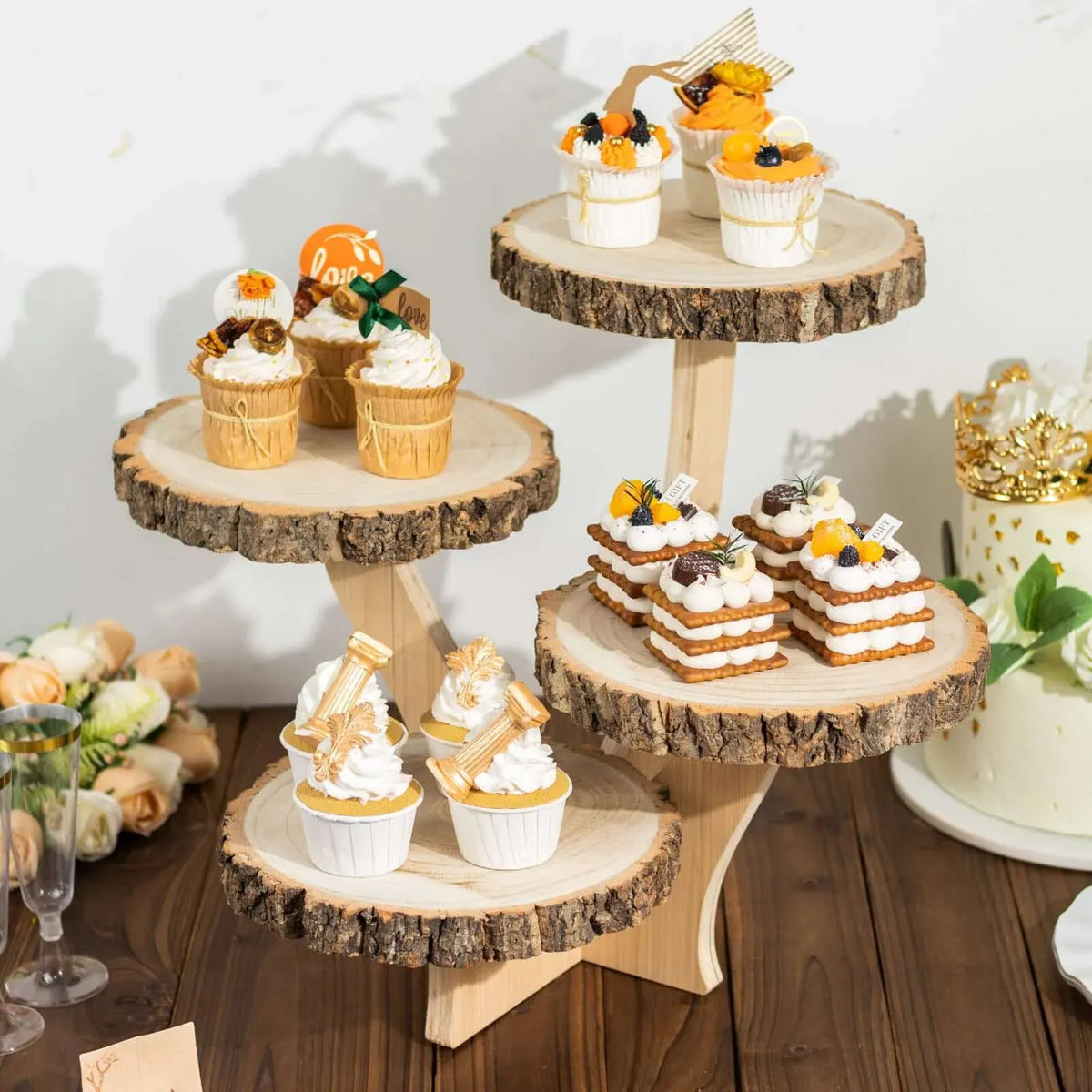 4-Tier Natural Wood Cake Stand for Weddings and Dessert Tables, 15.5-Inch Rustic Round Cupcake Display
