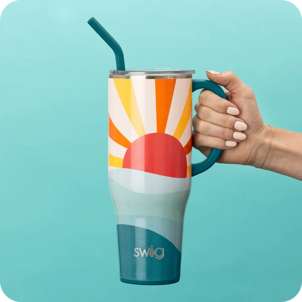 40oz Insulated Mega Mug with Handle, Straw and Sunset Print for Cold or Hot Drinks · 40oz capacity