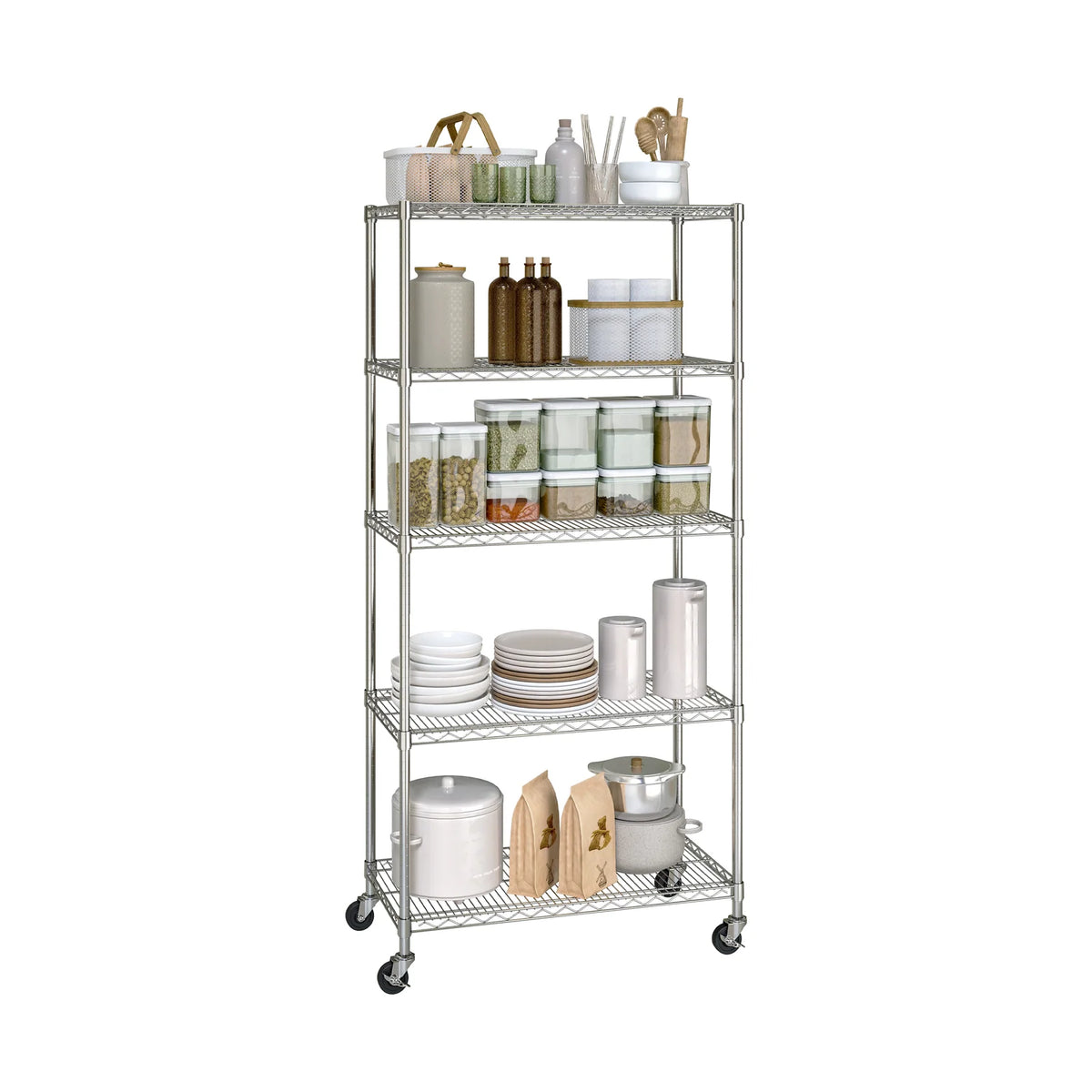 5-Tier Heavy-Duty Steel Wire Shelving Rack with Adjustable Shelves, Locking Wheels and Leveling Feet
