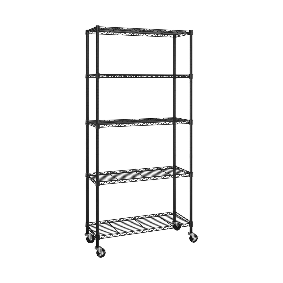 5-Tier Heavy-Duty Steel Wire Shelving Rack with Adjustable Shelves, Locking Wheels and Leveling Feet — Black