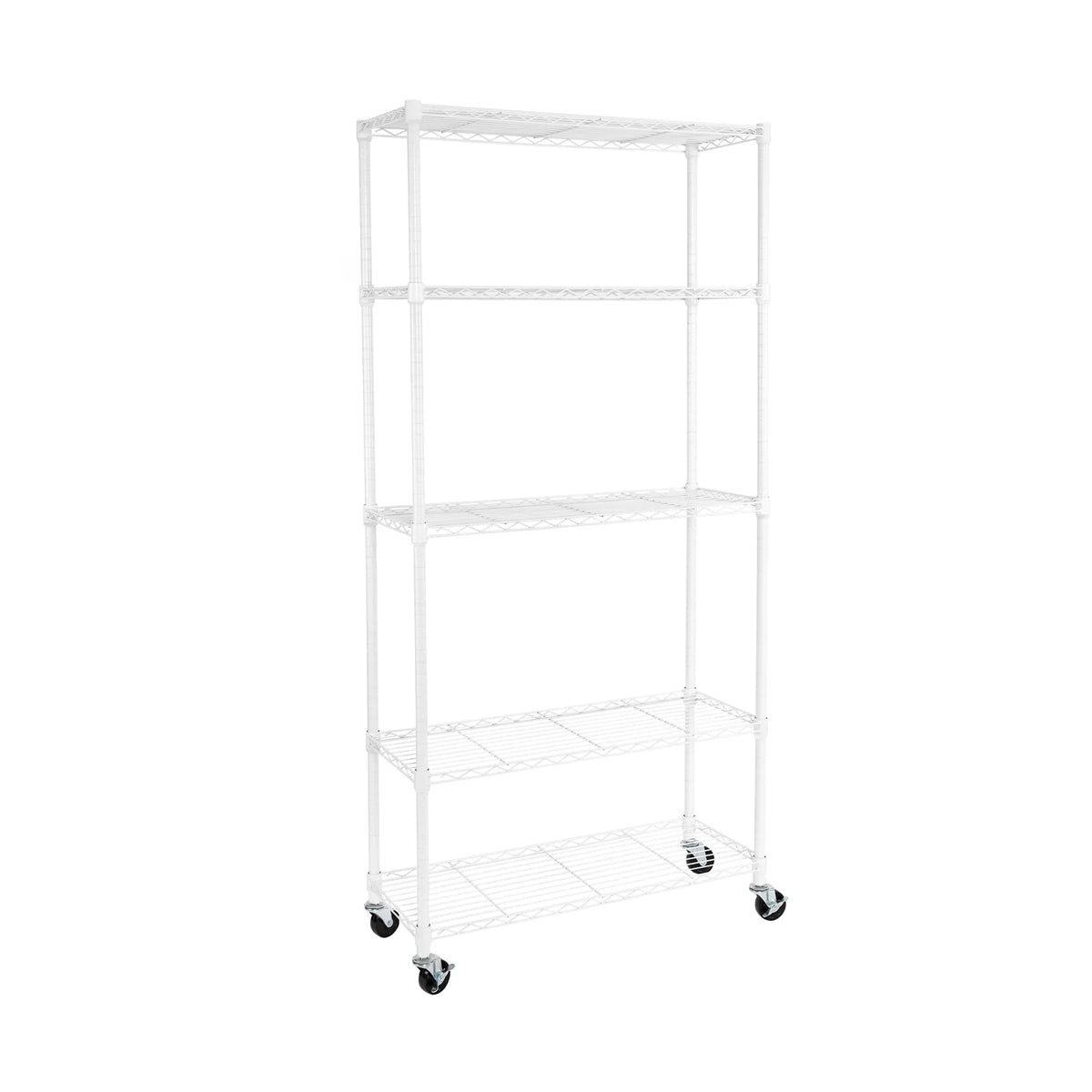 5-Tier Heavy-Duty Steel Wire Shelving Rack with Adjustable Shelves, Locking Wheels and Leveling Feet — White