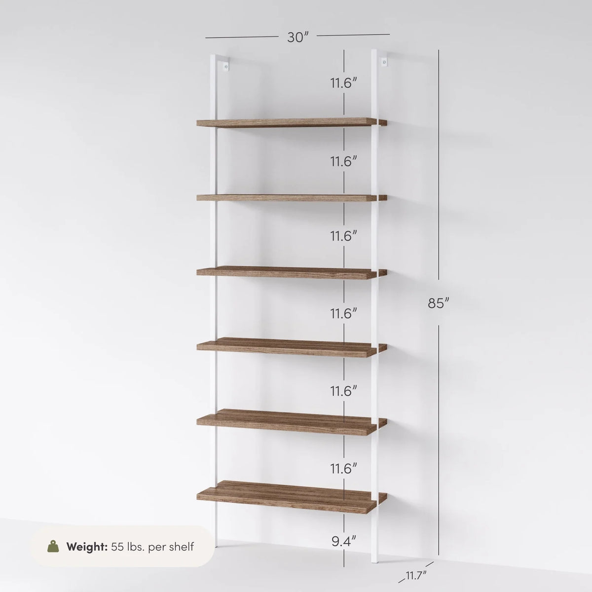 6-Shelf Ladder Bookshelf in Rustic Oak and Matte White