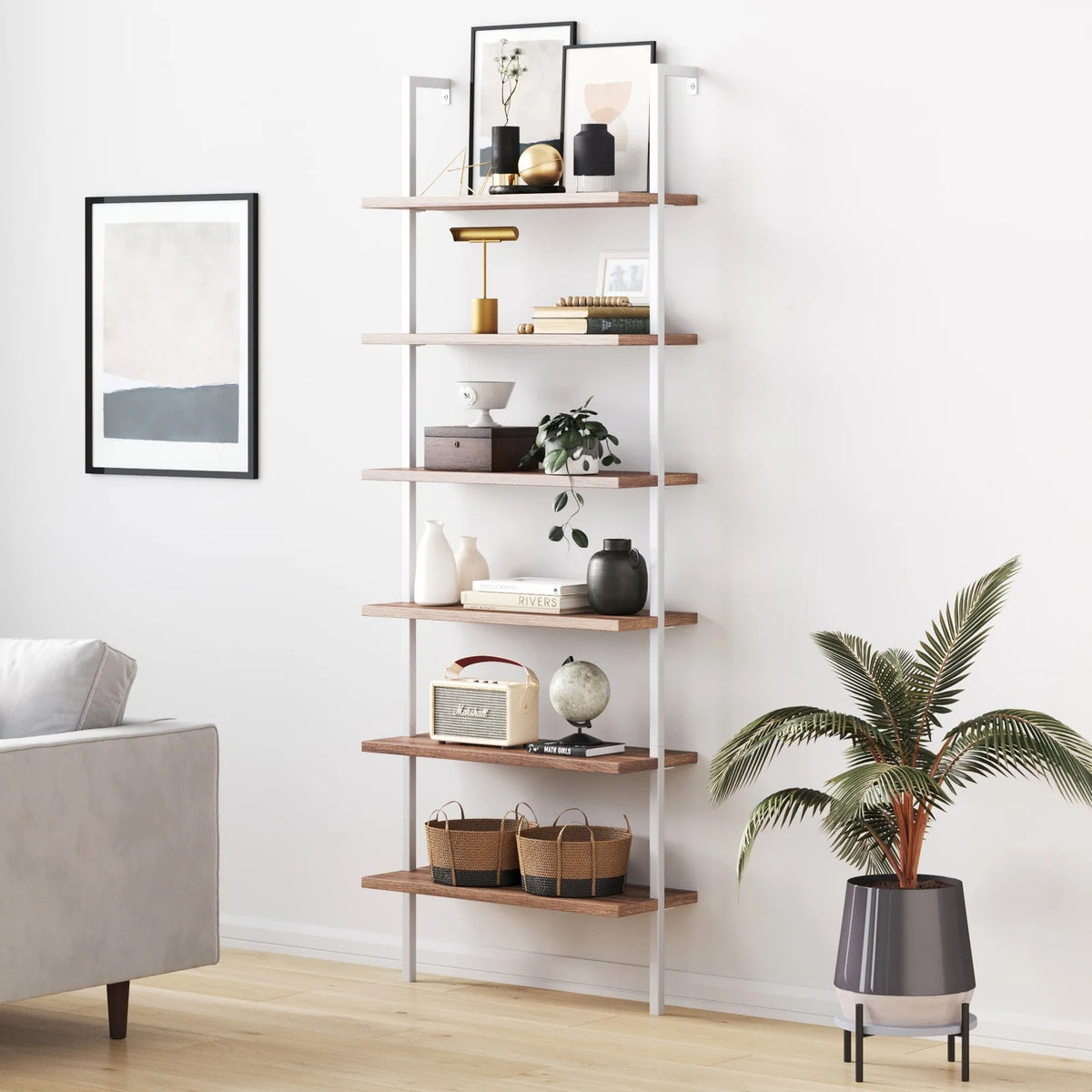 6-Shelf Ladder Bookshelf in Rustic Oak and Matte White