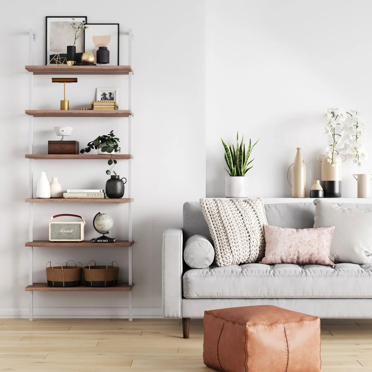 6-Shelf Ladder Bookshelf in Rustic Oak and Matte White
