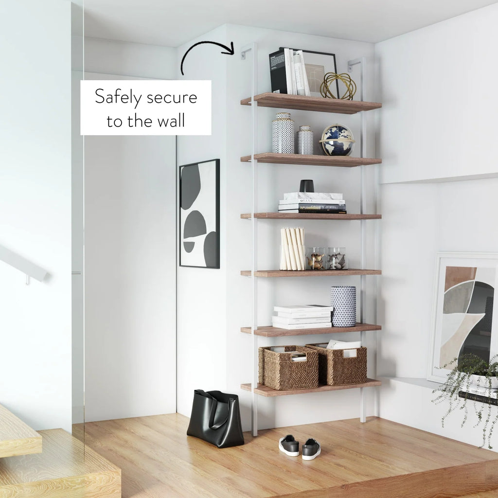 6-Shelf Ladder Bookshelf in Rustic Oak and Matte White