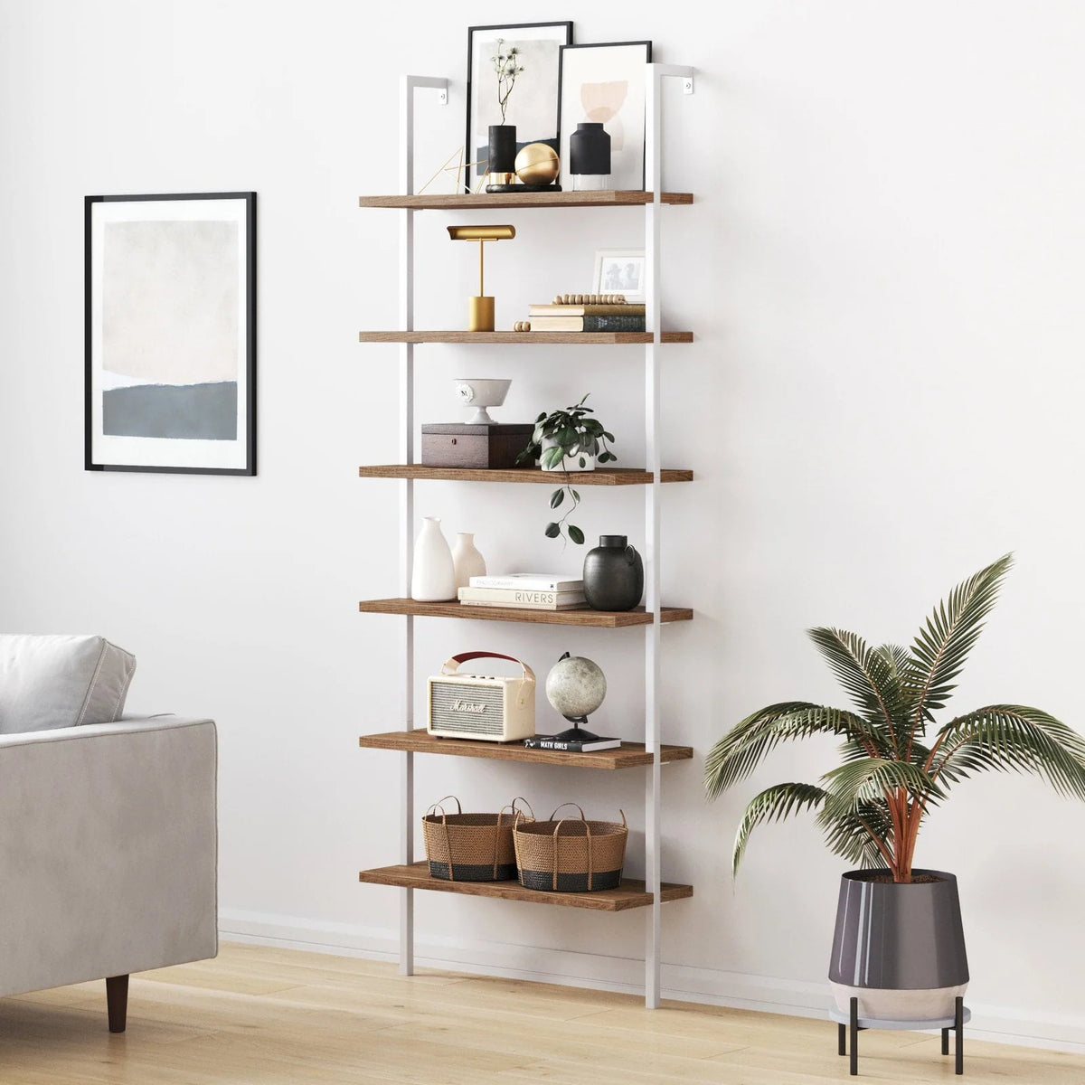 6-Shelf Ladder Bookshelf in Rustic Oak and Matte White, Reclaimed Oak-Matte White