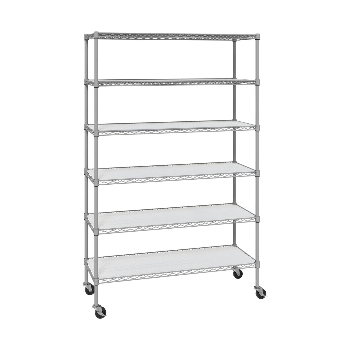 6-Tier Heavy-Duty Steel Shelving Unit with Adjustable Wire Shelves, Liners, Wheels and Leveling Feet — Granite