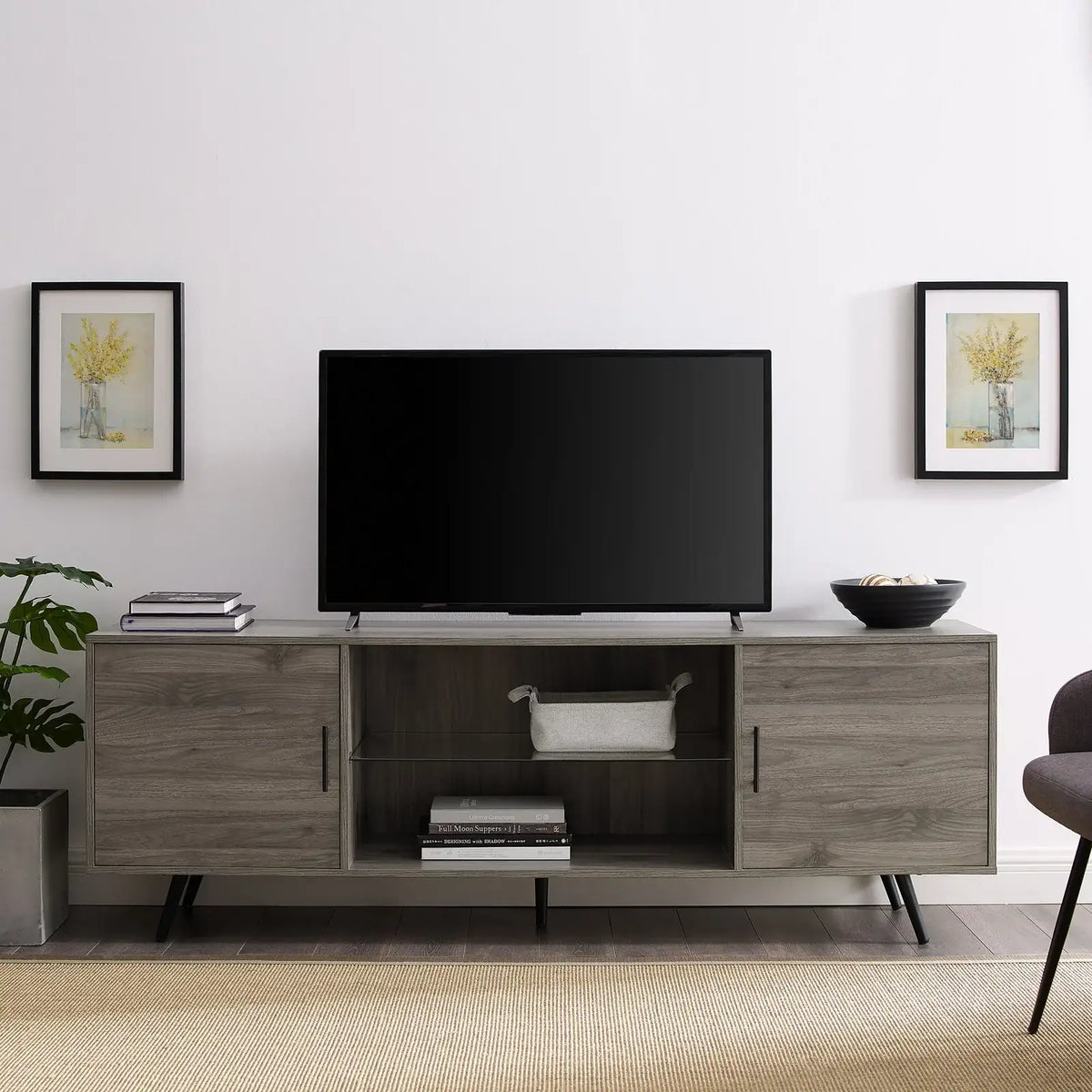 70 Inch Mid-Century TV Stand, Slate Grey