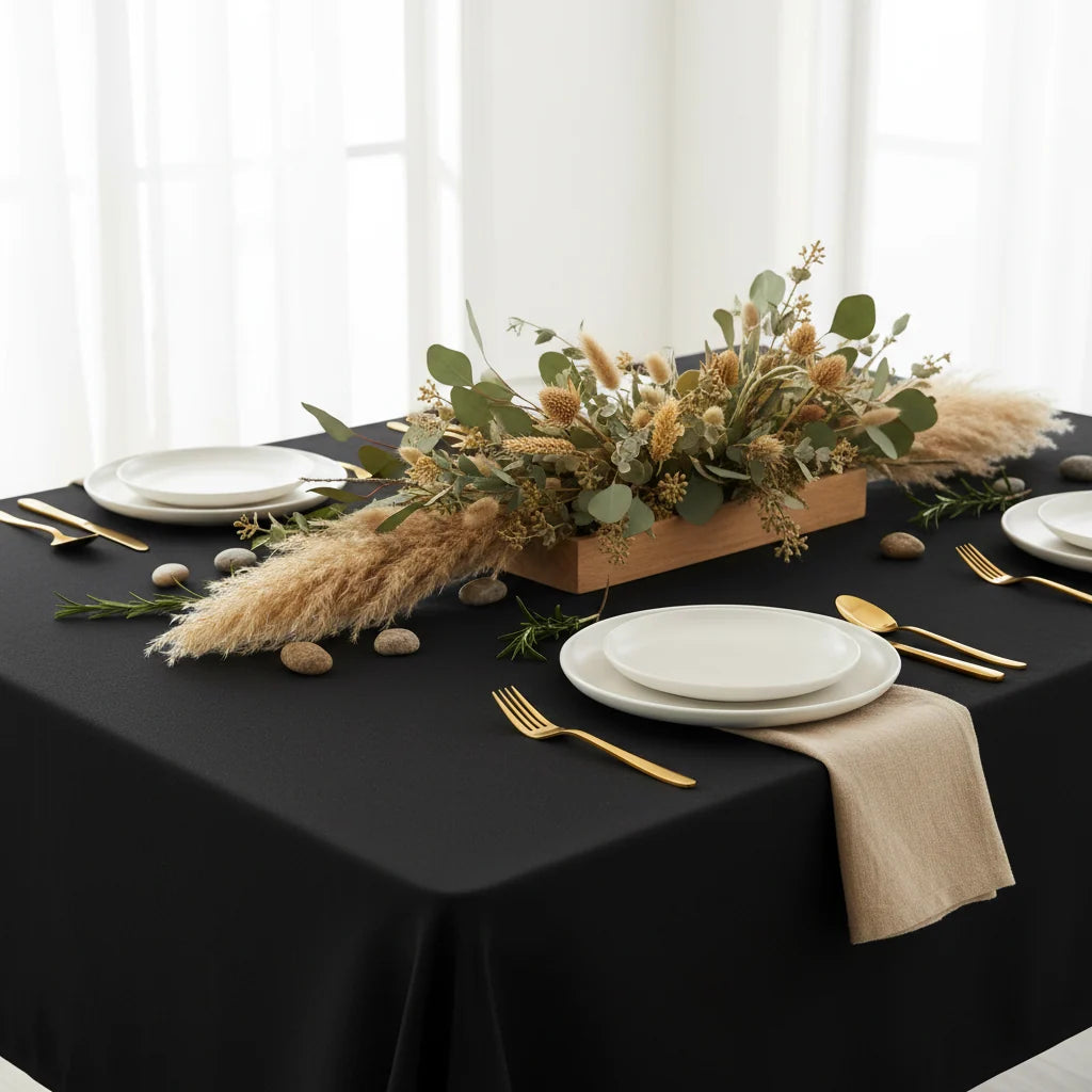 90 x 156 Inch Black Rectangular Polyester Tablecloth with Square Corners for Floor-Length Event Tables