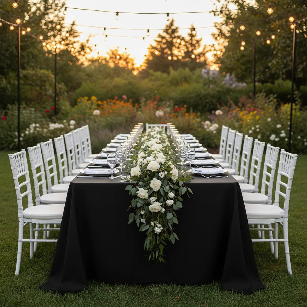 90 x 156 Inch Black Rectangular Polyester Tablecloth with Square Corners for Floor-Length Event Tables