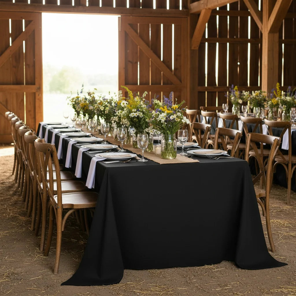 90 x 156 Inch Black Rectangular Polyester Tablecloth with Square Corners for Floor-Length Event Tables
