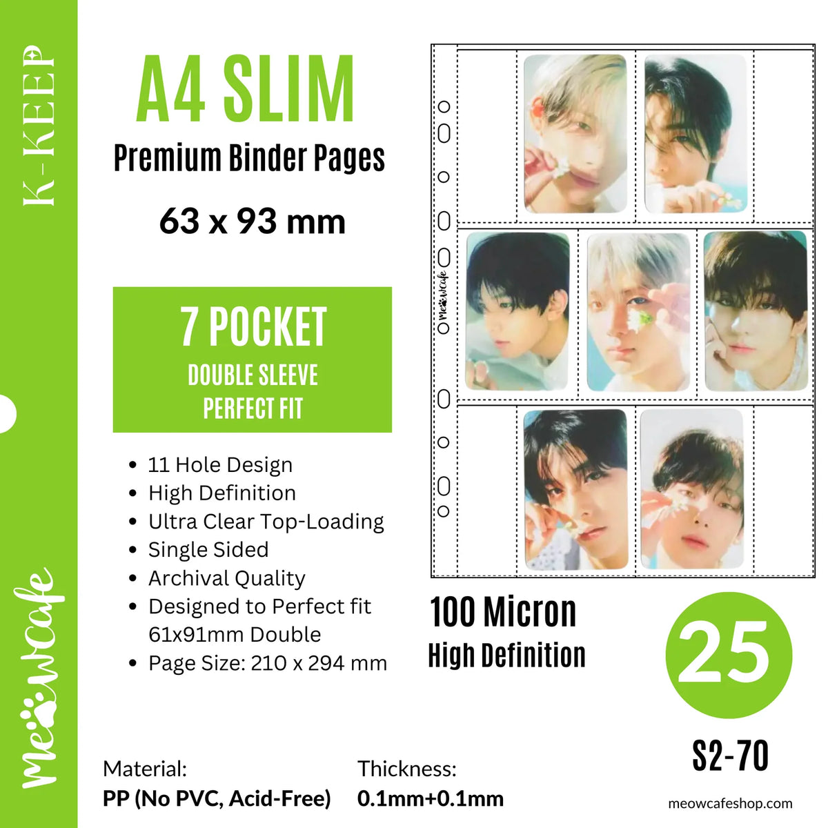 A4 Slim Binder Pages for Seven-Card Sets, 63x93mm Top-Loading Pockets in Clear 100 Micron Polypropylene