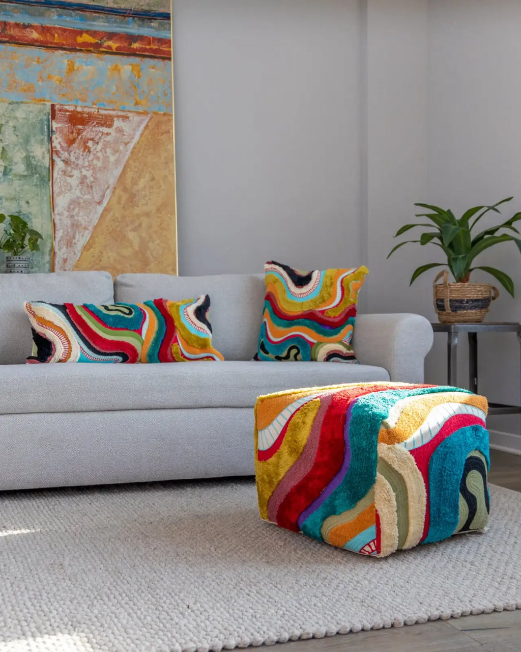 Abstract Organic Cotton Lumbar Throw Pillow, 14 x 32 in Handmade Tufted Multicolor Sofa and Bed Accent