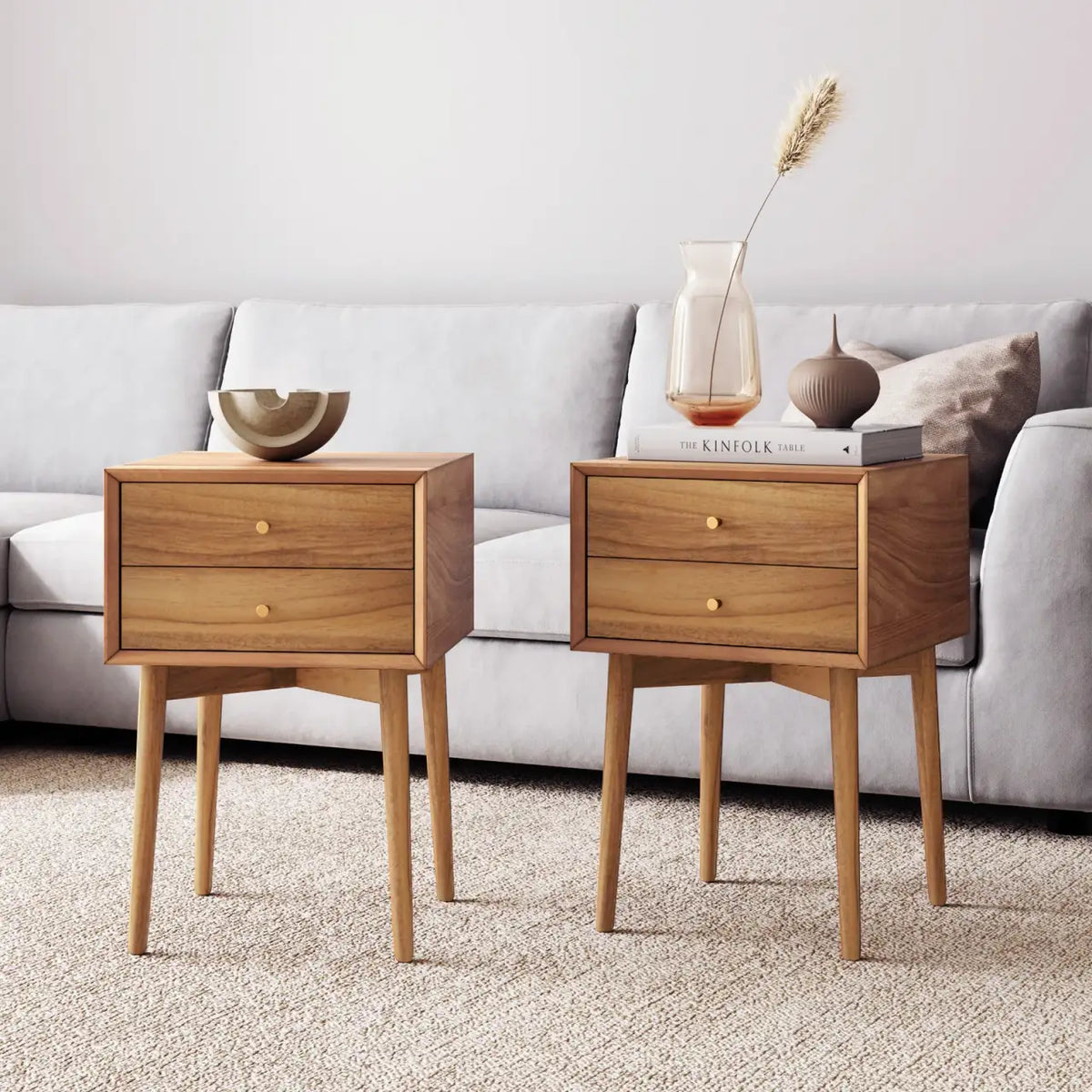 Acacia Veneer Mid-Century Nightstands, Set of 2