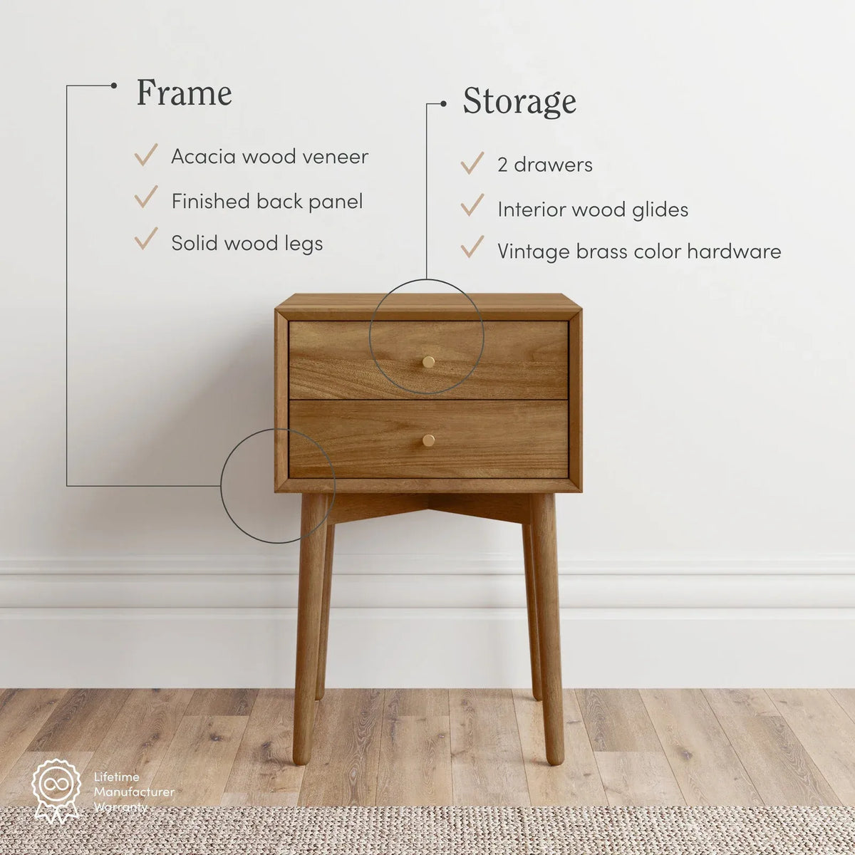 Acacia Veneer Mid-Century Nightstands, Set of 2