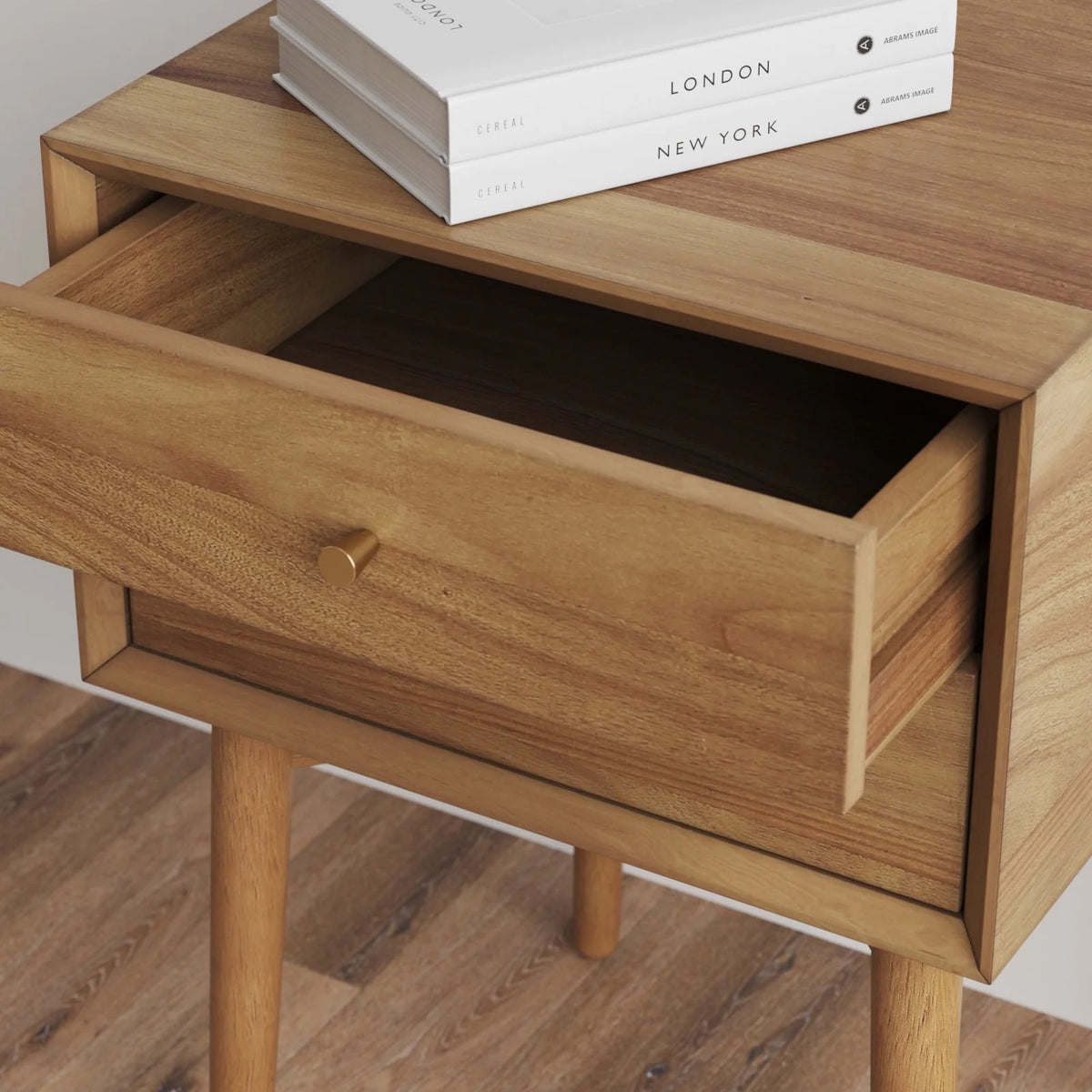 Acacia Veneer Mid-Century Nightstands, Set of 2