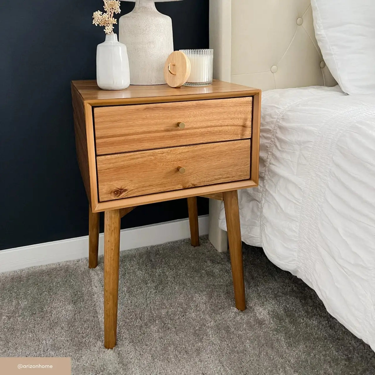 Acacia Veneer Mid-Century Nightstands, Set of 2