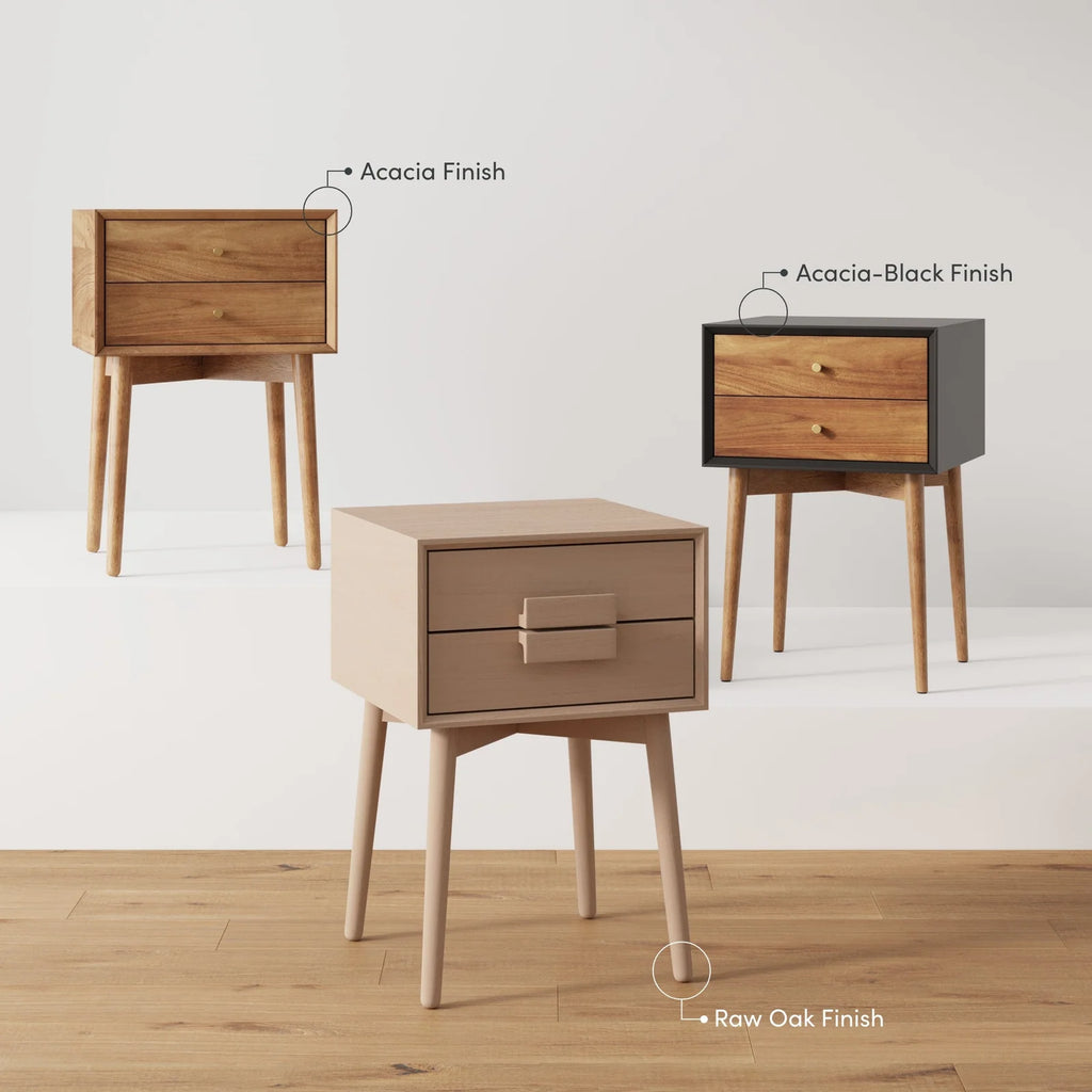 Acacia Veneer Mid-Century Nightstands, Set of 2